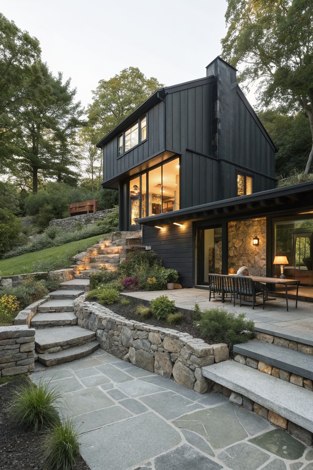 A dark modern cabin with large windows is built into a wooded hillside with stone steps, retaining walls, and an outdoor patio.