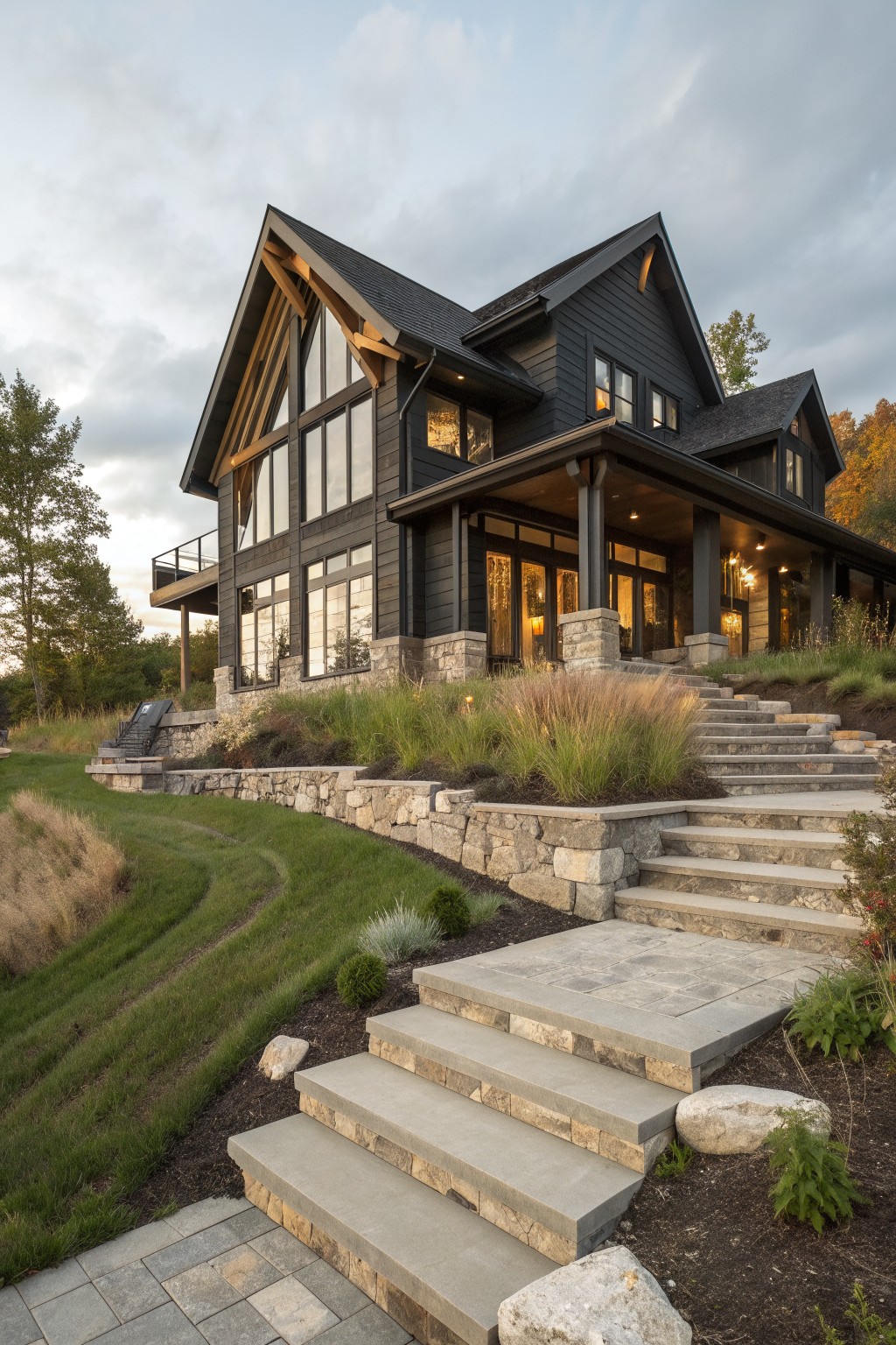 A large two-story house with dark siding, stone foundation, and multiple gables sits on a wooded slope with wide stone steps leading to the entry.