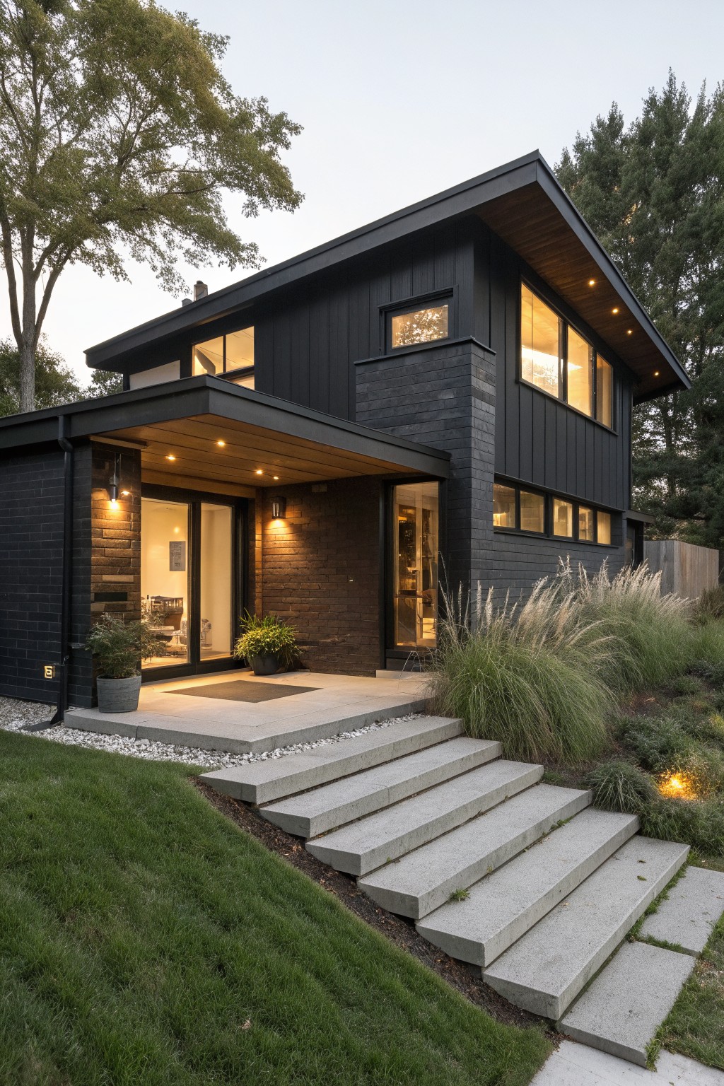 A modern two-story house with black siding, a covered entry, concrete steps, and grasses along the front.