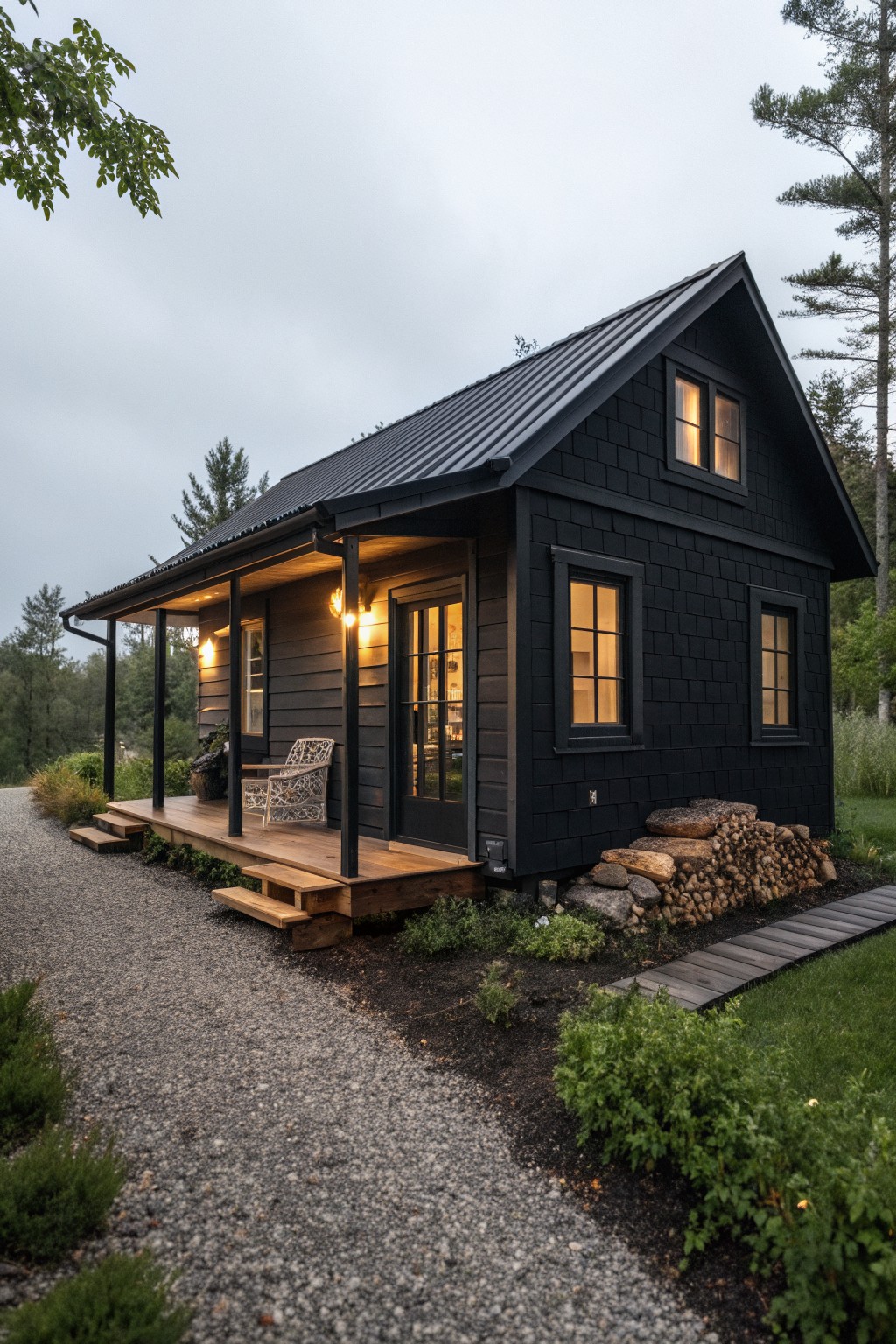 A small black cabin with wood siding, a front porch, and lit windows sits beside a gravel path in a wooded area.