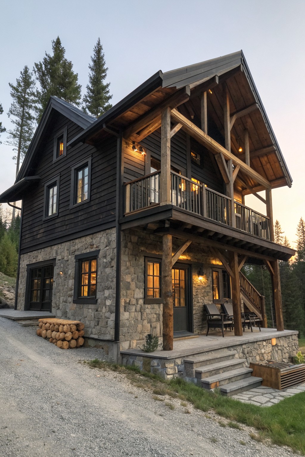 A two-story cabin with dark wood siding, a stone lower level, exposed timber framing, and a second-floor balcony, viewed from the gravel driveway at dusk.
