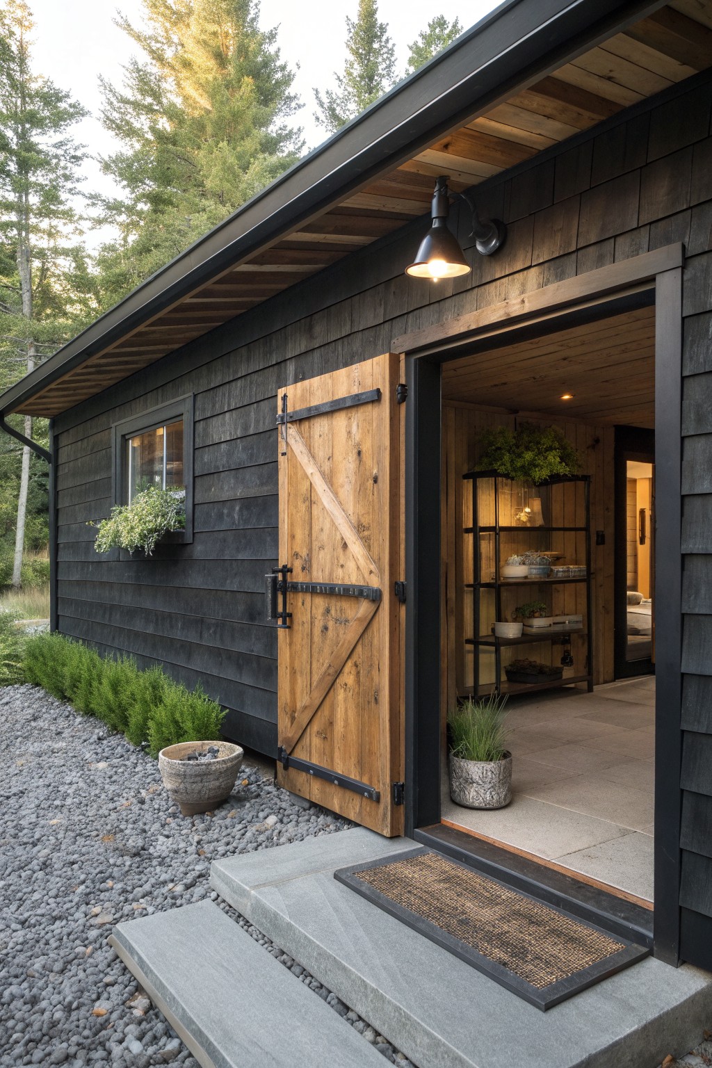 A dark shingled cabin exterior features a large wooden door standing open, with stone steps, a doormat, and gravel landscaping surrounded by trees.