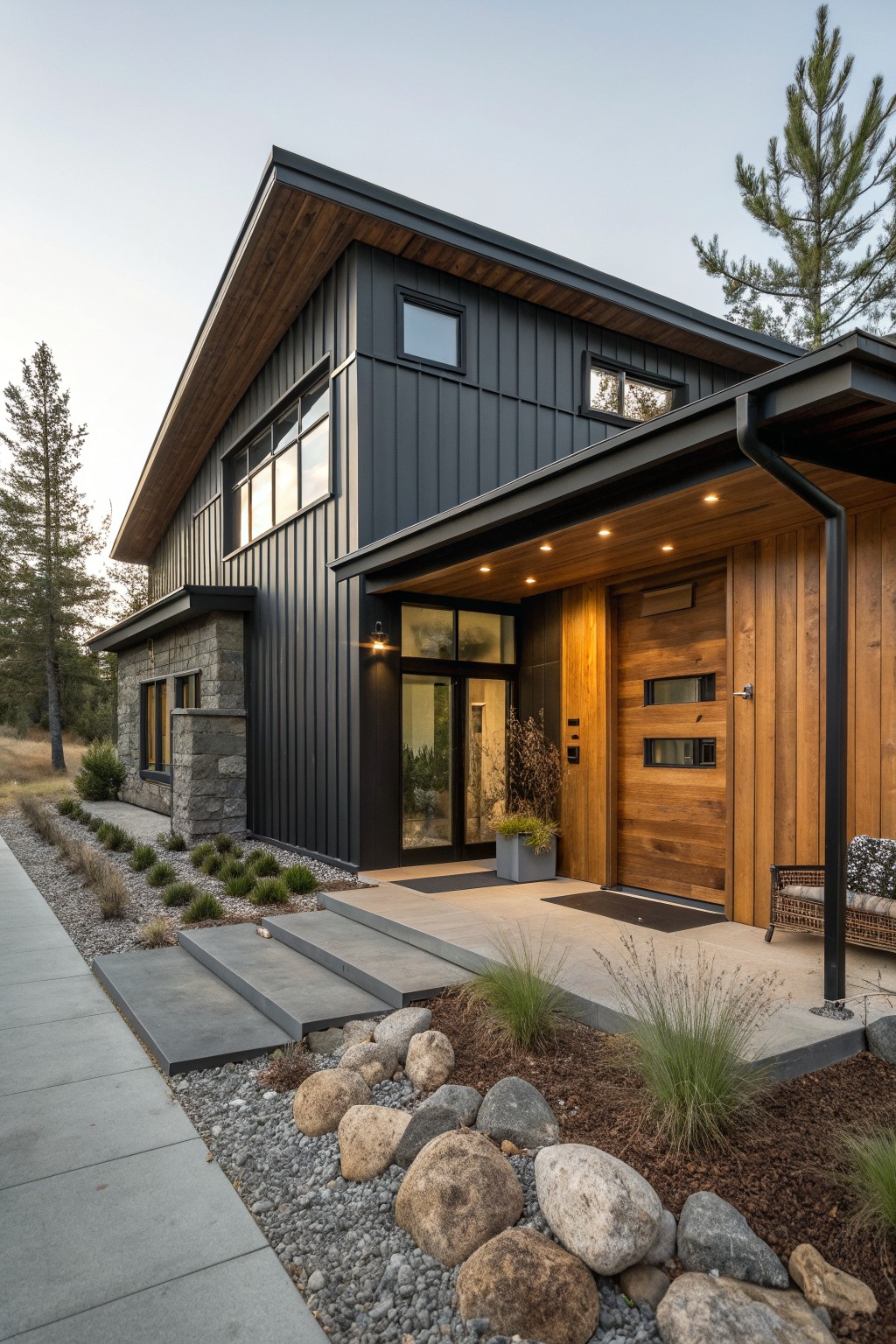 A two-story modern cabin with dark vertical siding, wood accents around the entry, a stone base on the left side, and concrete steps leading to a wooden front door.