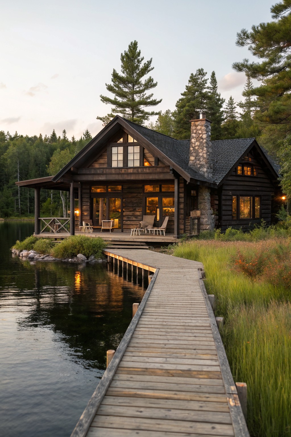 A dark wooden cabin with a stone chimney and gabled roof sits on a lake with a long wooden dock extending from the shore.