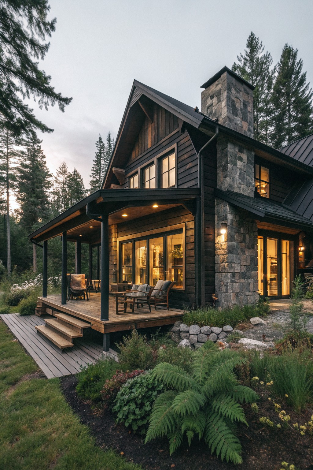 A two-story dark wood cabin with stone chimney and accents, a covered wooden deck, and surrounding forest at dusk.