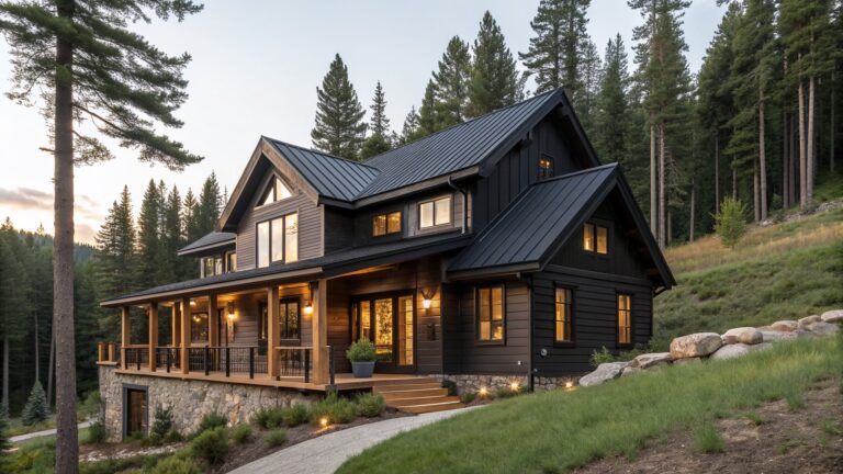A modern black cabin with a steep metal roof and stone foundation sits on a wooded hillside among tall pine trees.