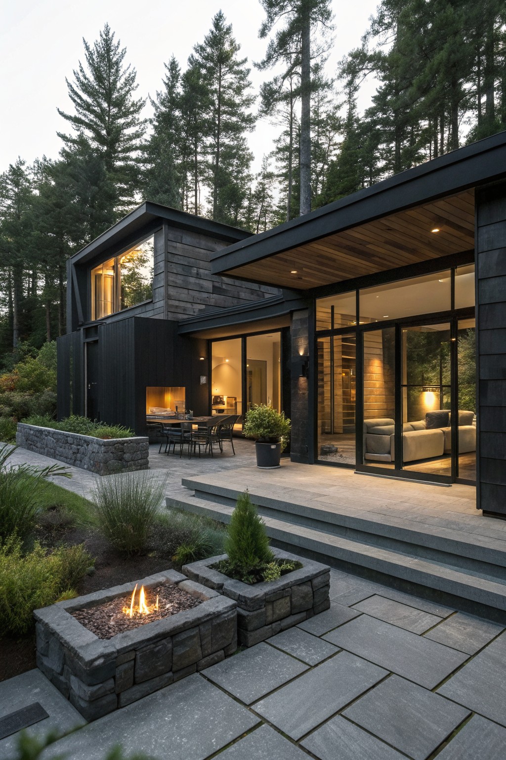 A modern dark exterior cabin with large glass doors opening onto a stone patio that includes a built-in fire pit, steps, and surrounding landscaping with tall evergreen trees.