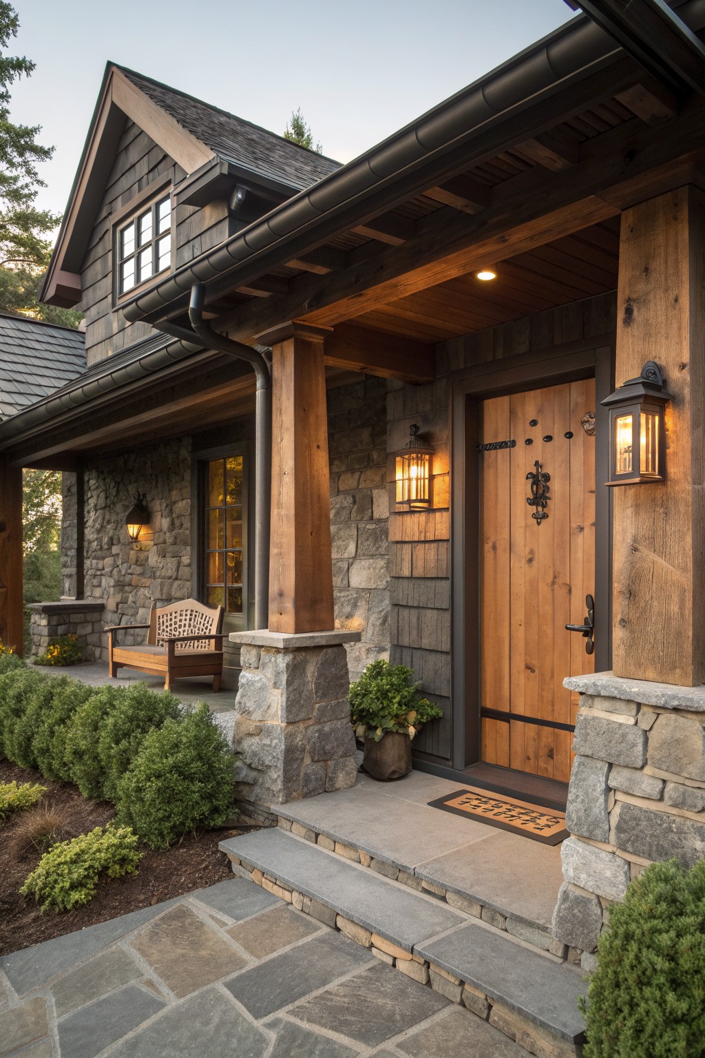 A rustic cabin front entrance features a wooden door flanked by lit lanterns, supported by large timber posts resting on stone piers, with dark wood siding and surrounding greenery.
