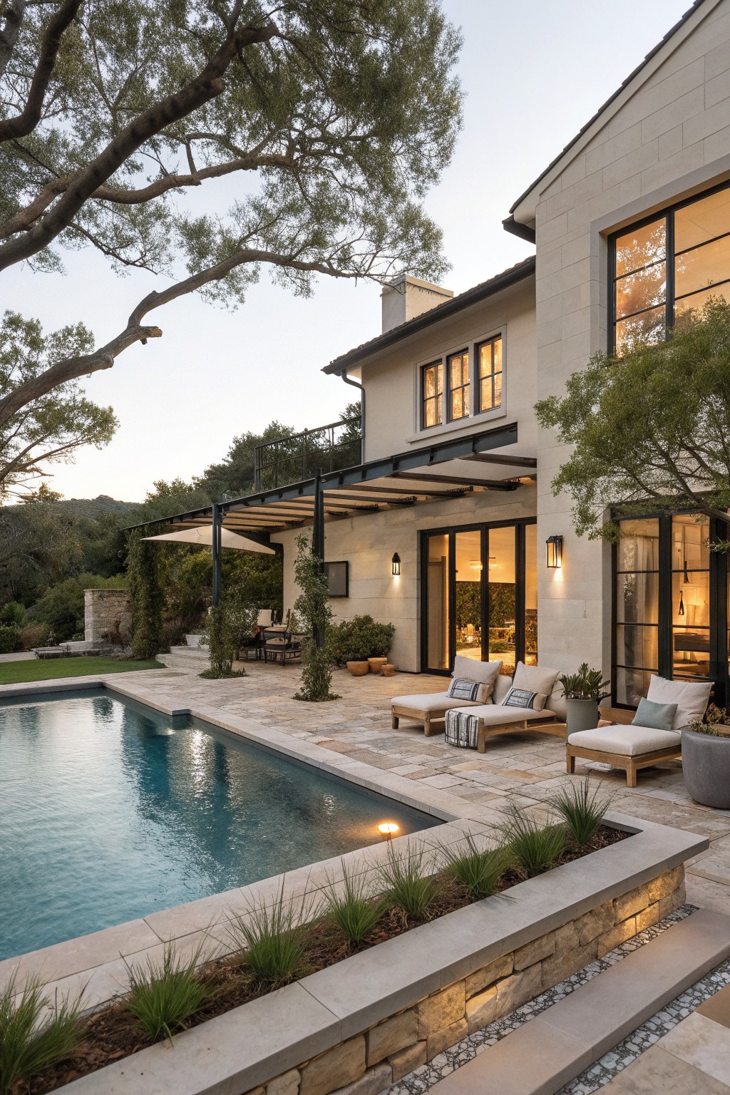 Modern house with pool, patio lounges, pergola, and lit windows at dusk