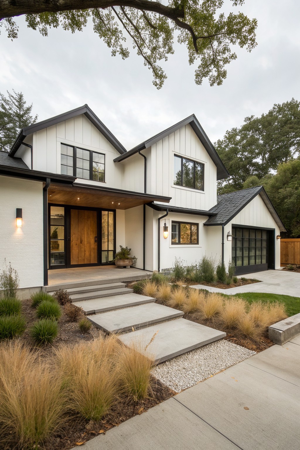 Modern white two-story home with black trim, wooden door, concrete steps and grasses