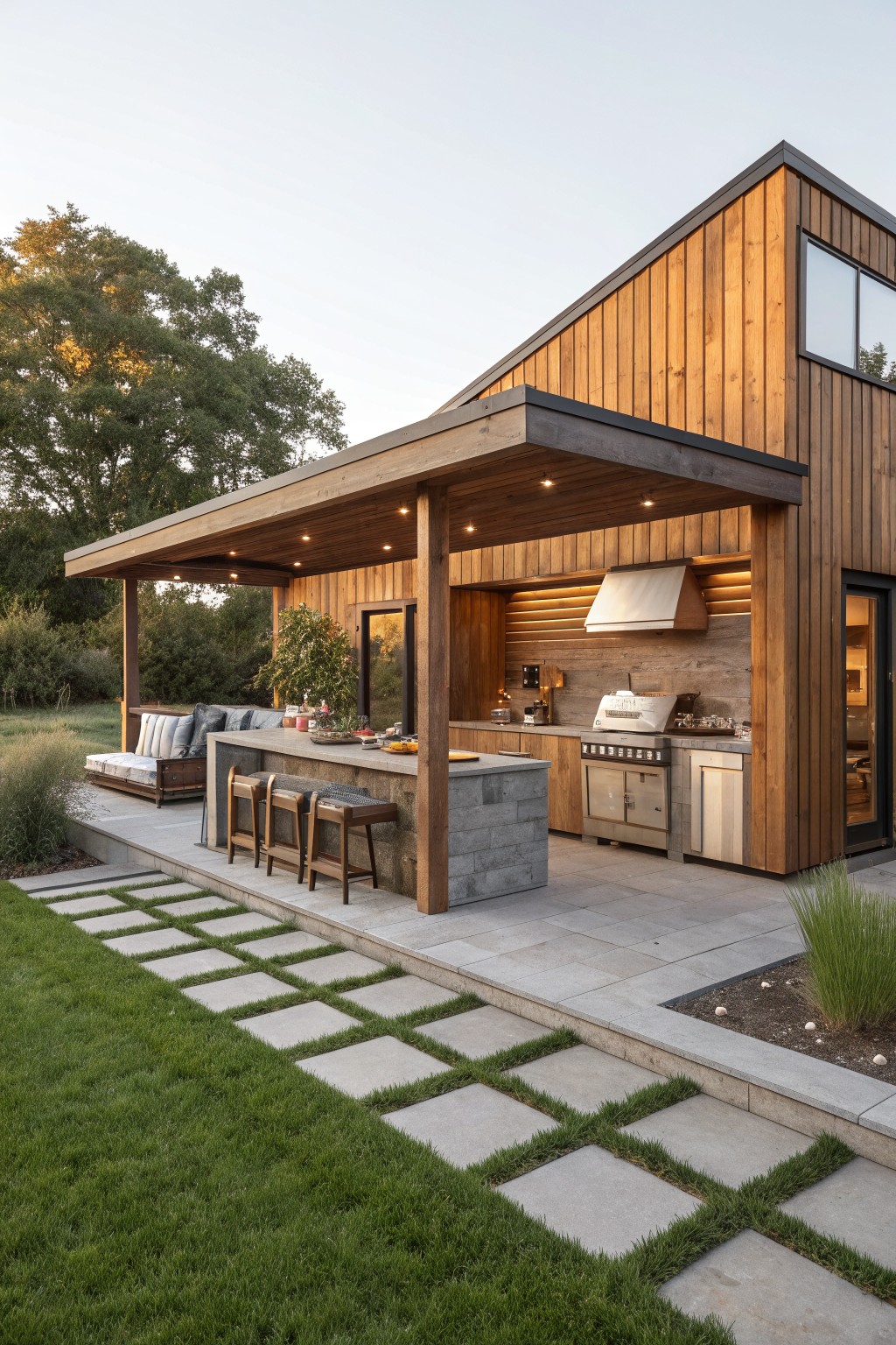 Modern farmhouse exterior with a covered outdoor kitchen, bar counter, wooden stools, and cooking area under a wood ceiling with recessed lighting.