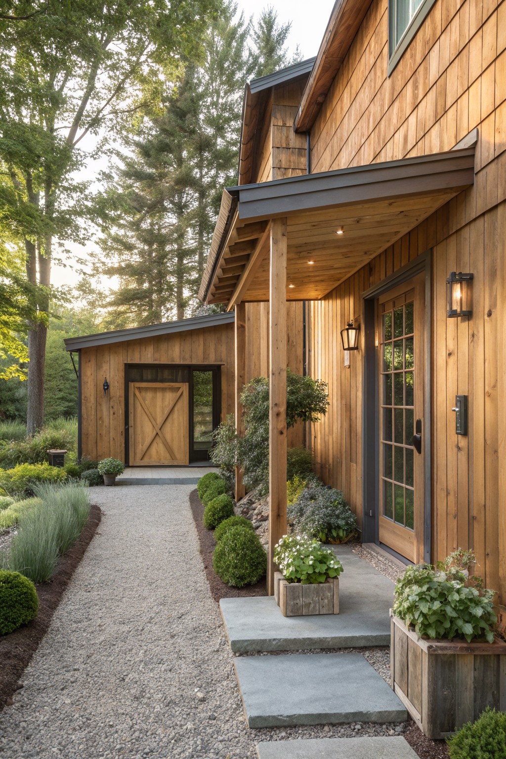 A modern farmhouse with brown wood siding, a covered entry supported by thick wooden posts, a glass-paned door, and a gravel path with concrete steps.