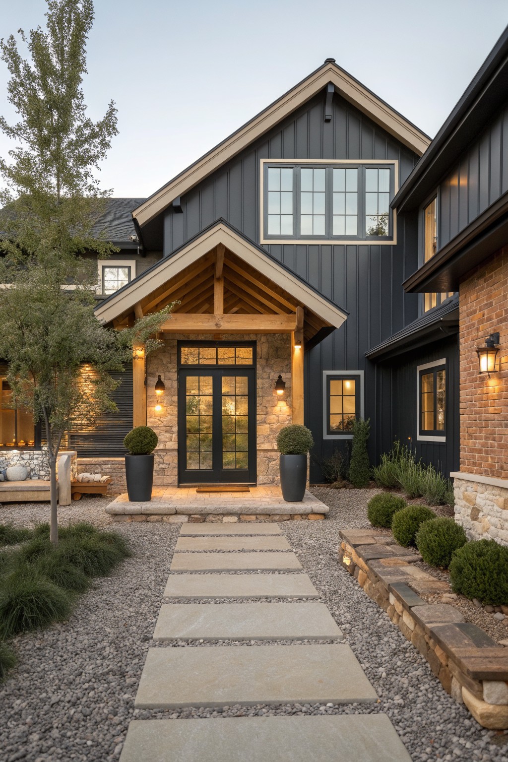 A modern farmhouse with dark vertical siding, a stone-clad entry porch with wooden gable supports, and a gravel path leading to double black doors.