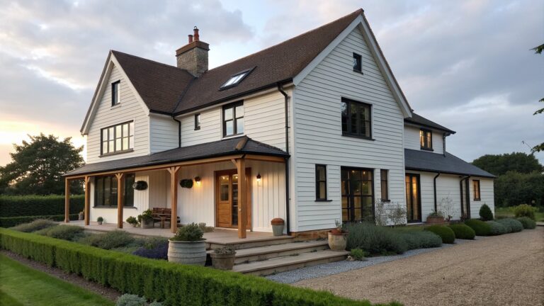 17 Stylish Modern Farmhouse Exteriors That Balance Clean Lines and Rustic Texture A modern farmhouse with white vertical siding, wooden porch posts and beams, and a wooden garage door viewed from the driveway at dusk.