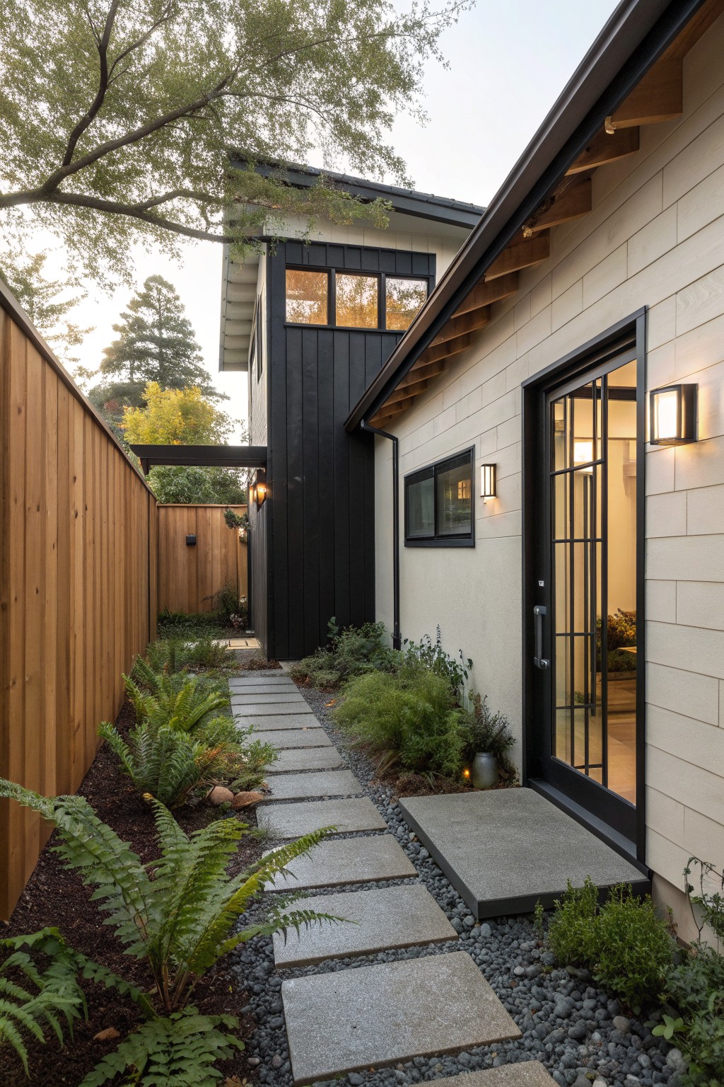 Modern house side entrance with stepping-stone path, ferns, and open black door