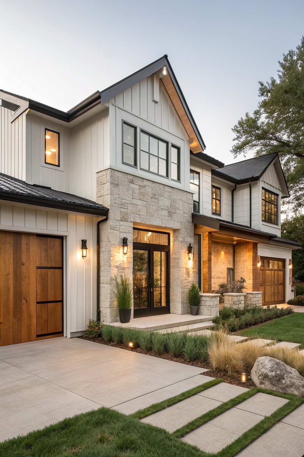 Modern two-story house with white siding, stone facade, wooden garages, and lit entryway at dusk.