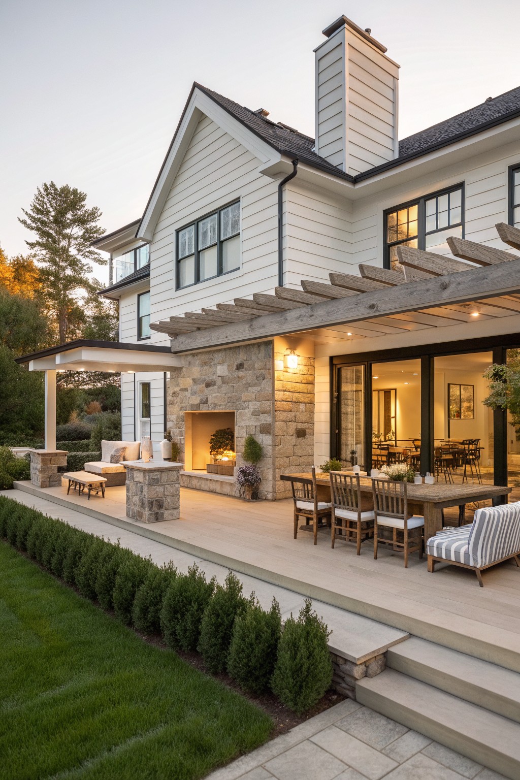 Modern farmhouse exterior showing a large wooden deck with a pergola overhead, outdoor dining table and chairs, stone fireplace, and adjacent seating area.