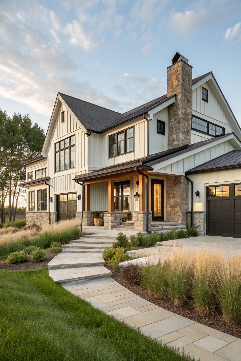 A two-story modern farmhouse with white siding, a prominent stone chimney, dark trim, and a stone-accented front entry reached by a wide stone walkway.