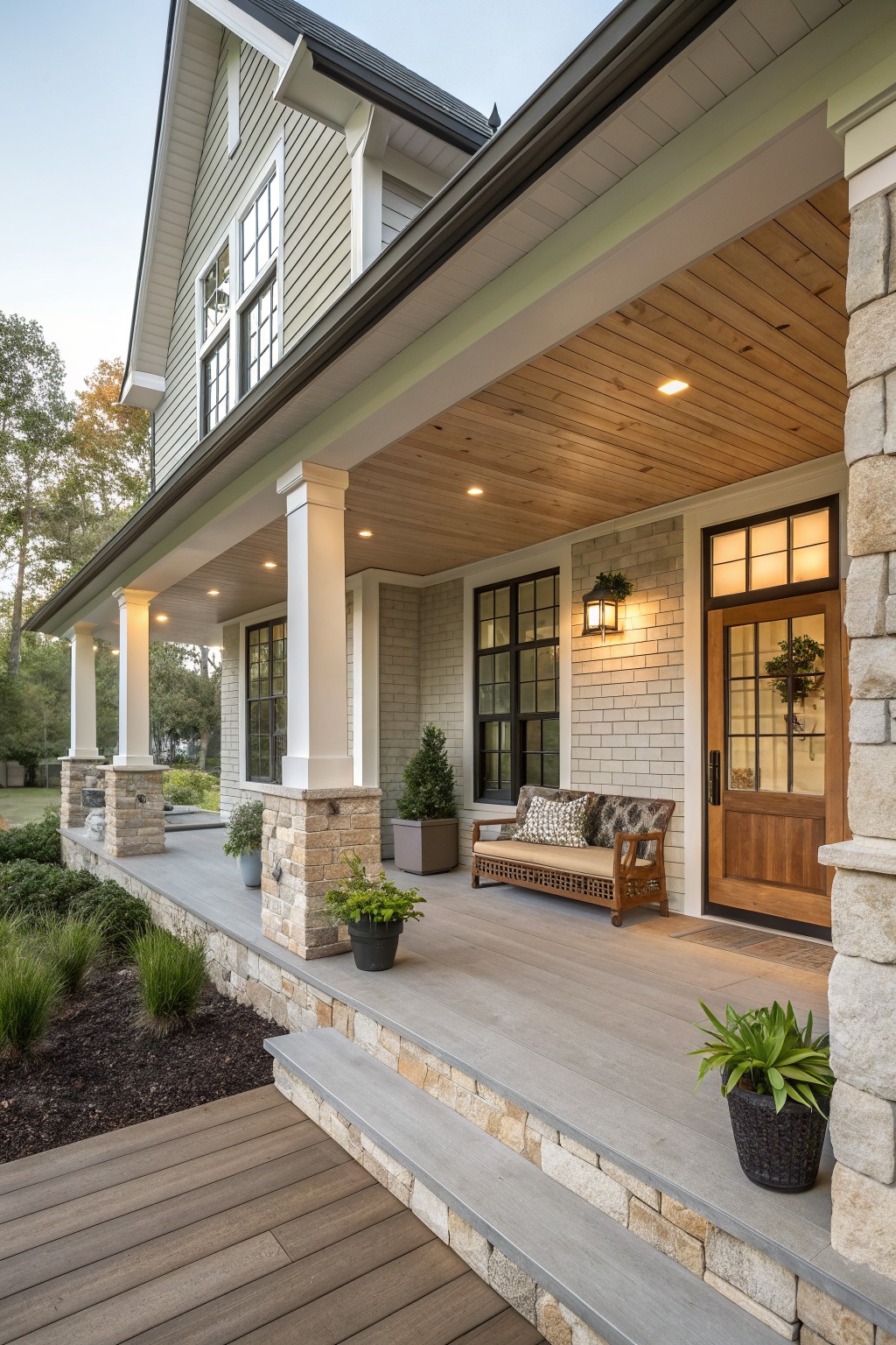 Front porch of a modern farmhouse with light siding, stone column bases, wood ceiling, black-framed door and windows, and a wooden bench with pillows.