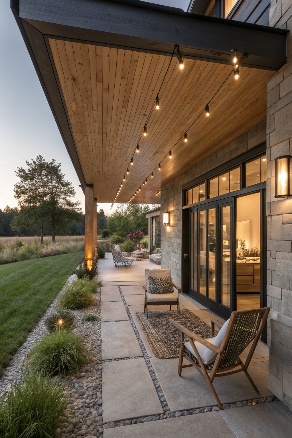 A covered porch on a modern farmhouse with stone siding, wood ceiling, string lights, outdoor chairs on rugs, and open glass doors to the interior.