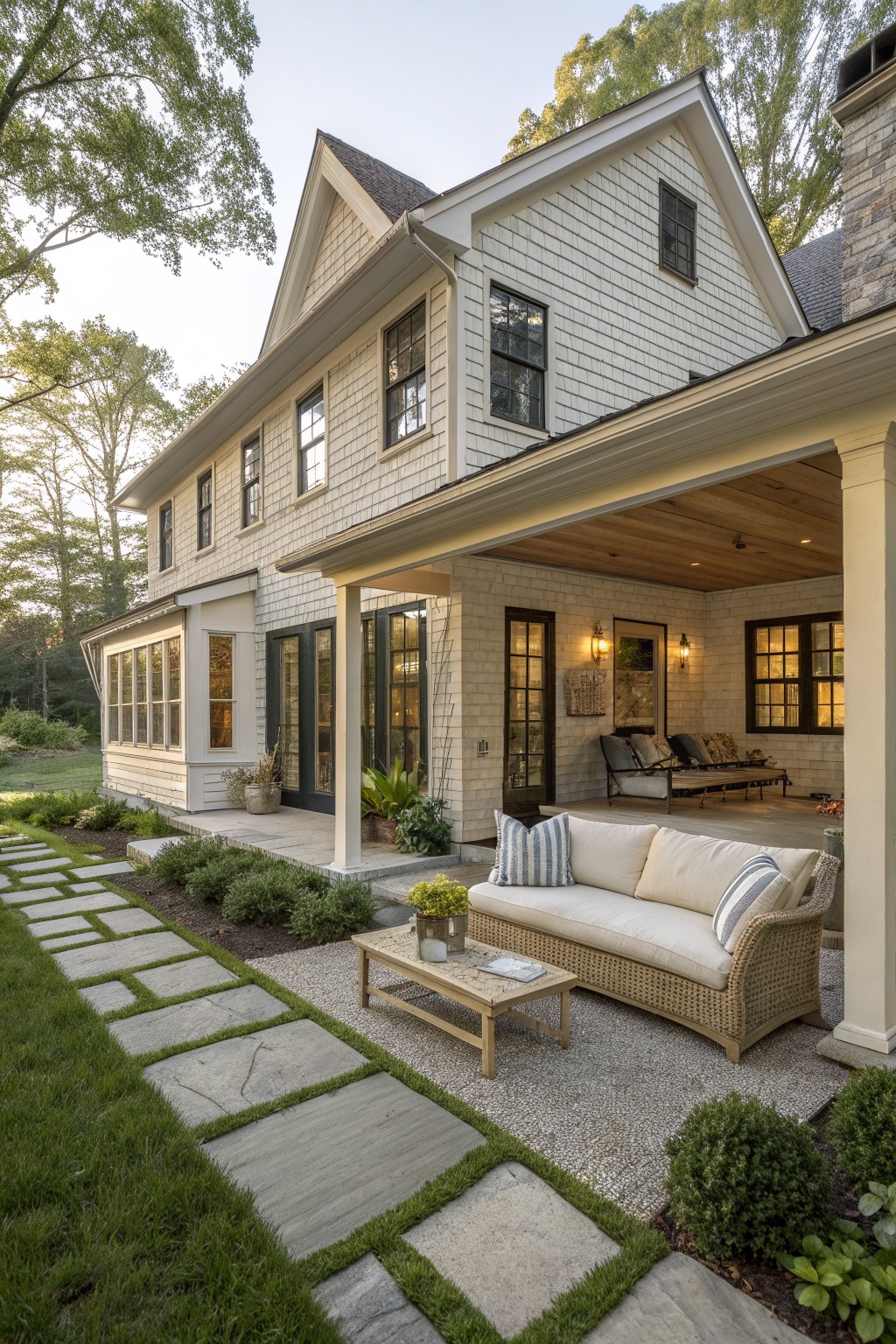 A two-story modern farmhouse with white shingle siding, dark window frames, and a covered porch with a wooden ceiling and wicker seating on a gravel surface.