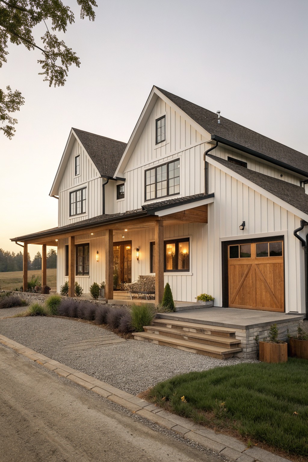 A modern farmhouse with white vertical siding, wooden porch posts and beams, and a wooden garage door viewed from the driveway at dusk.