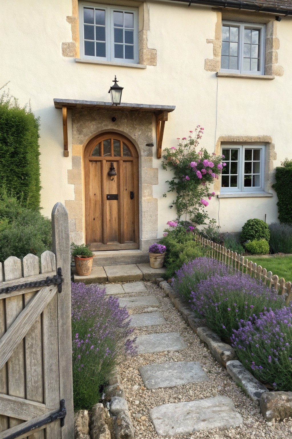 Arched wooden door on stone cottage with lavender-lined gravel pathway and gate