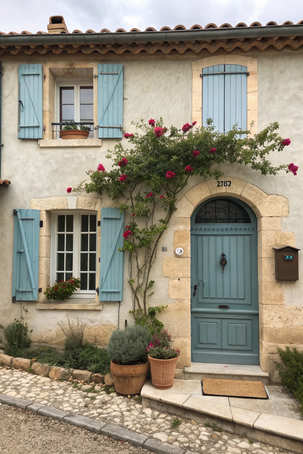 Stone house with arched blue door, shutters, pink climbing roses, and potted plants.