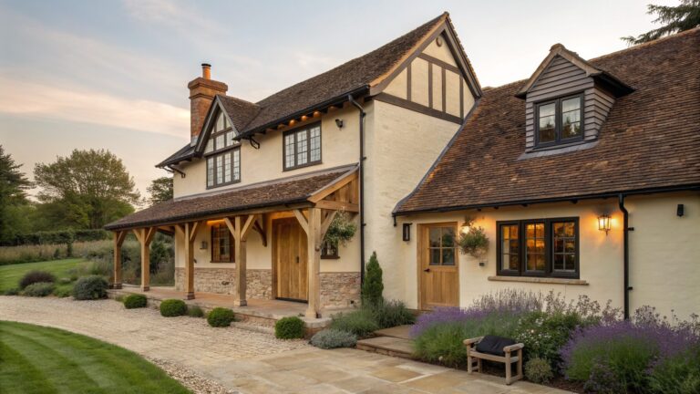 A rustic stucco farmhouse with a wooden front door beneath a timber-framed entry porch, flanked by potted plants and a stone pathway.