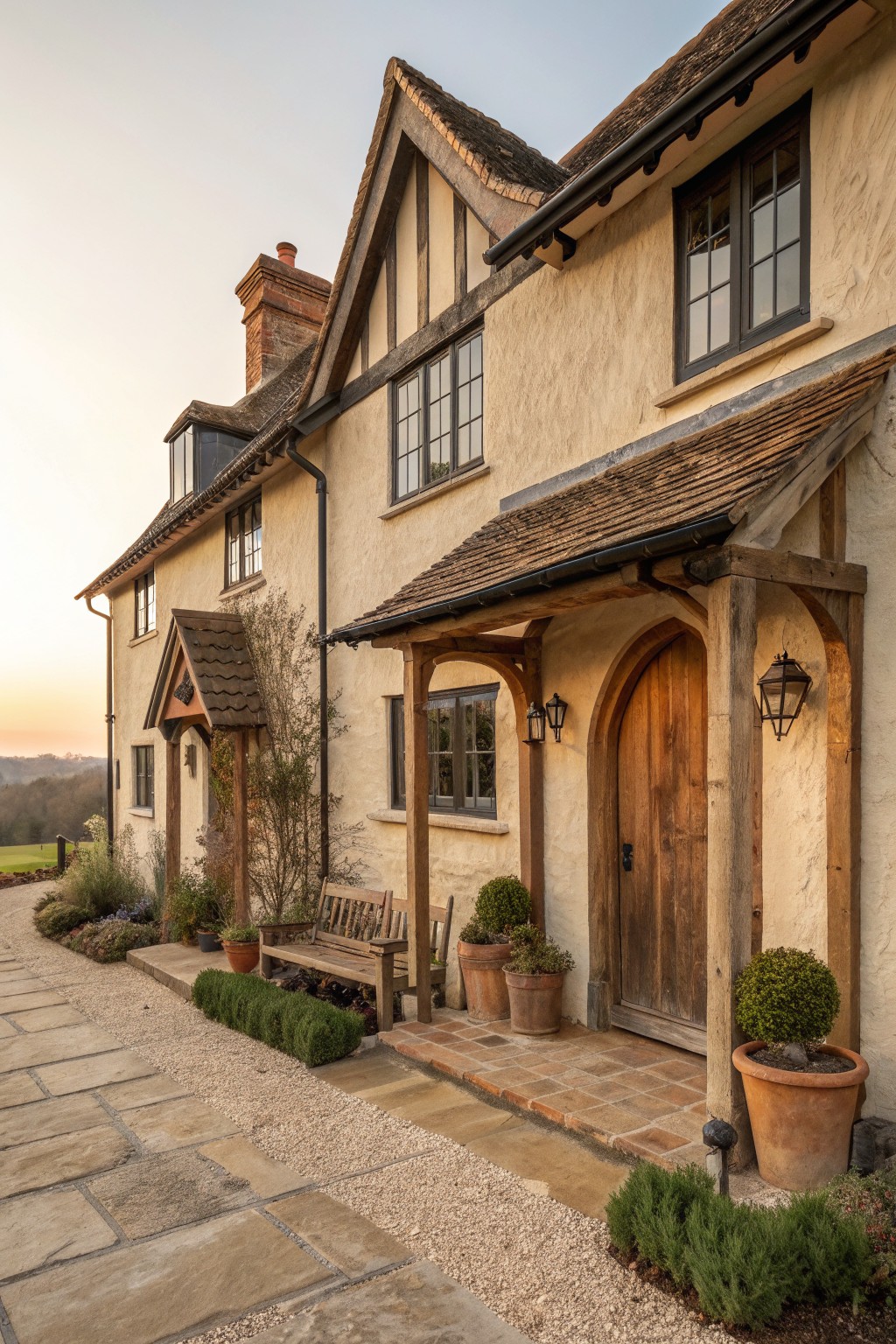 A rustic stucco farmhouse with a wooden front door beneath a timber-framed entry porch, flanked by potted plants and a stone pathway.