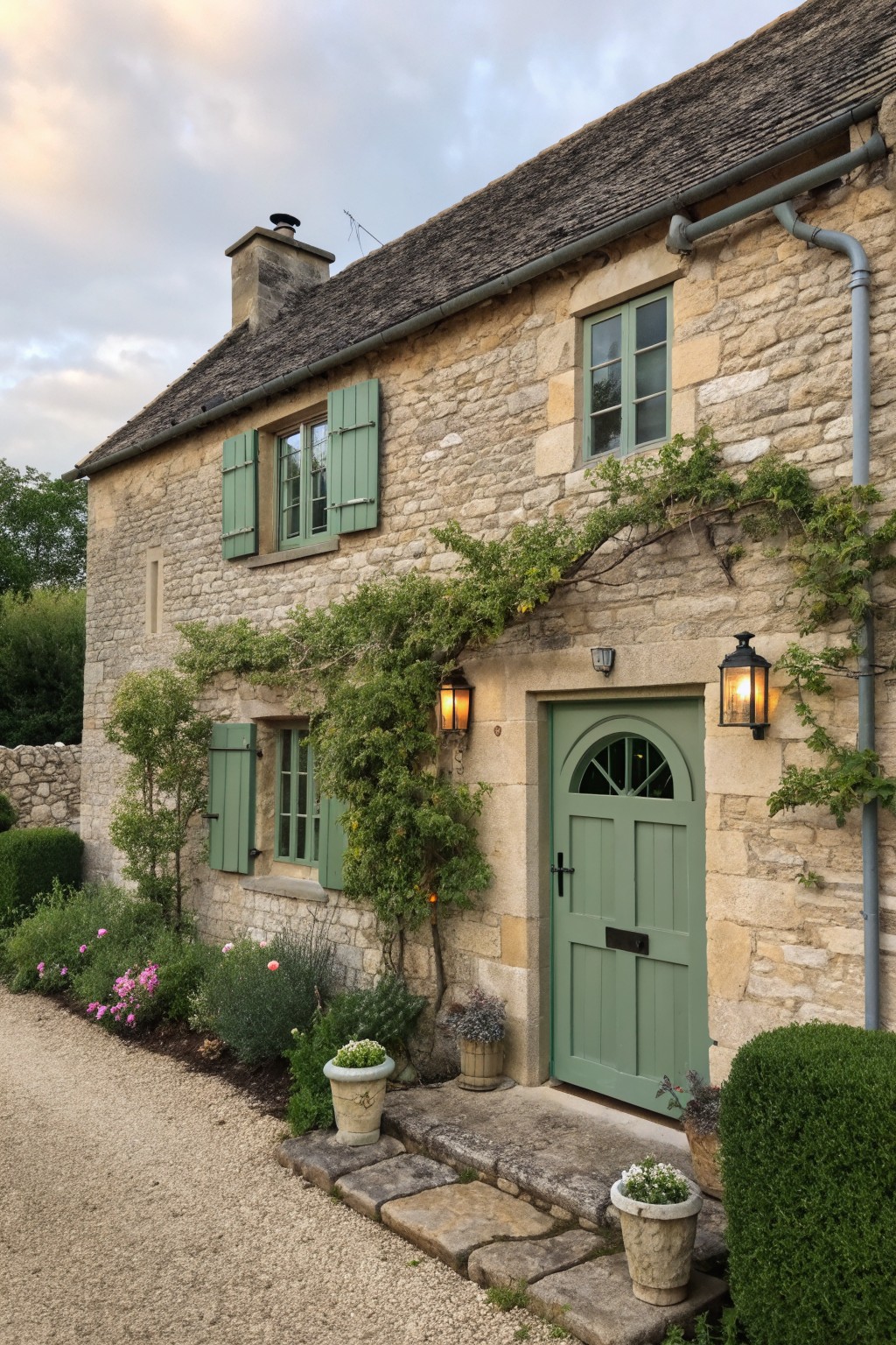 A stone cottage exterior featuring a green arched door, green shutters on multiple windows, climbing vines on the facade, and two lit wall lanterns flanking the entrance.