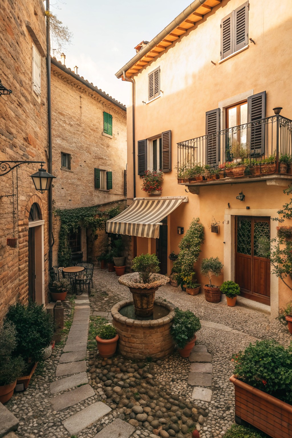 Charming Mediterranean courtyard with stone fountain, potted plants, balconies, and shuttered buildings.