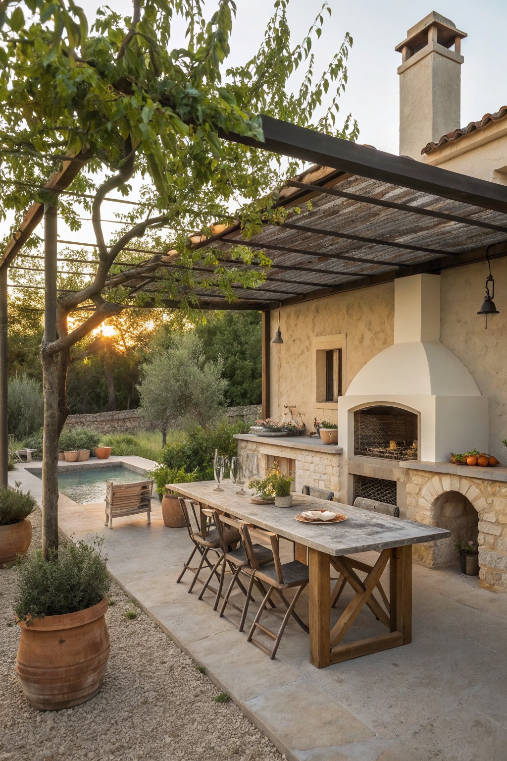 Rustic patio with wooden dining table, stone fireplace, pergola, and pool at sunset