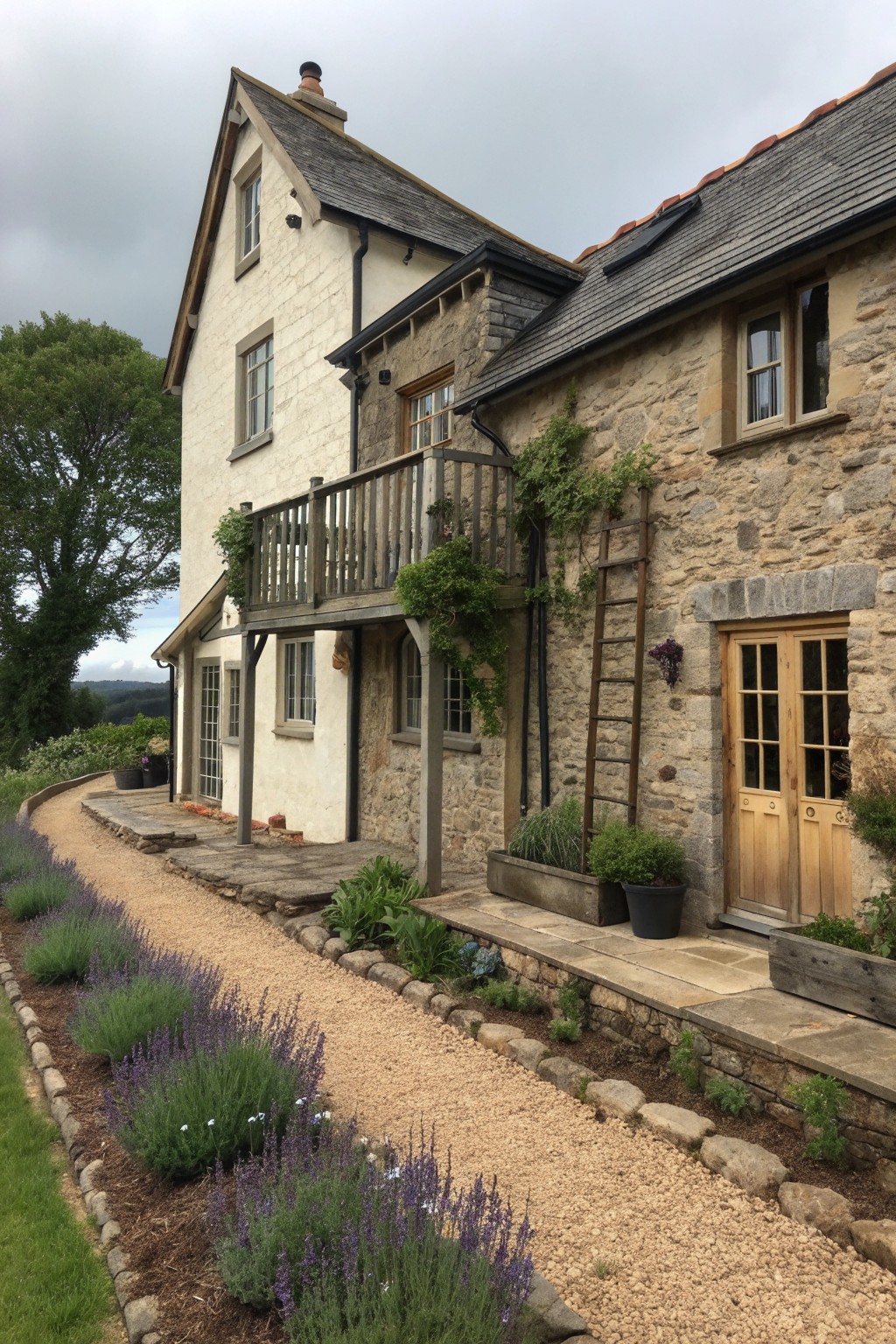 A two-story stone and white plaster farmhouse exterior with a gravel path lined by lavender plants leading to a wooden door.