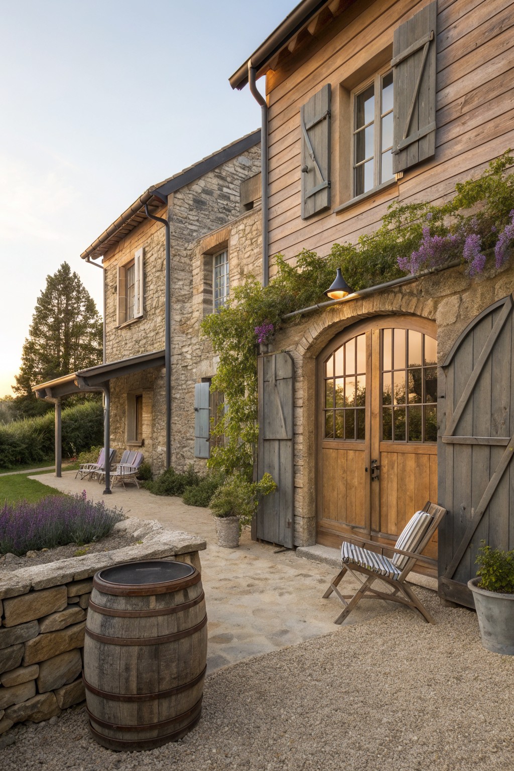 A rustic European farmhouse exterior features stone walls on the lower level and wood siding above, with an arched wooden double door, gray shutters, and a gravel courtyard with a wooden barrel and folding chair.