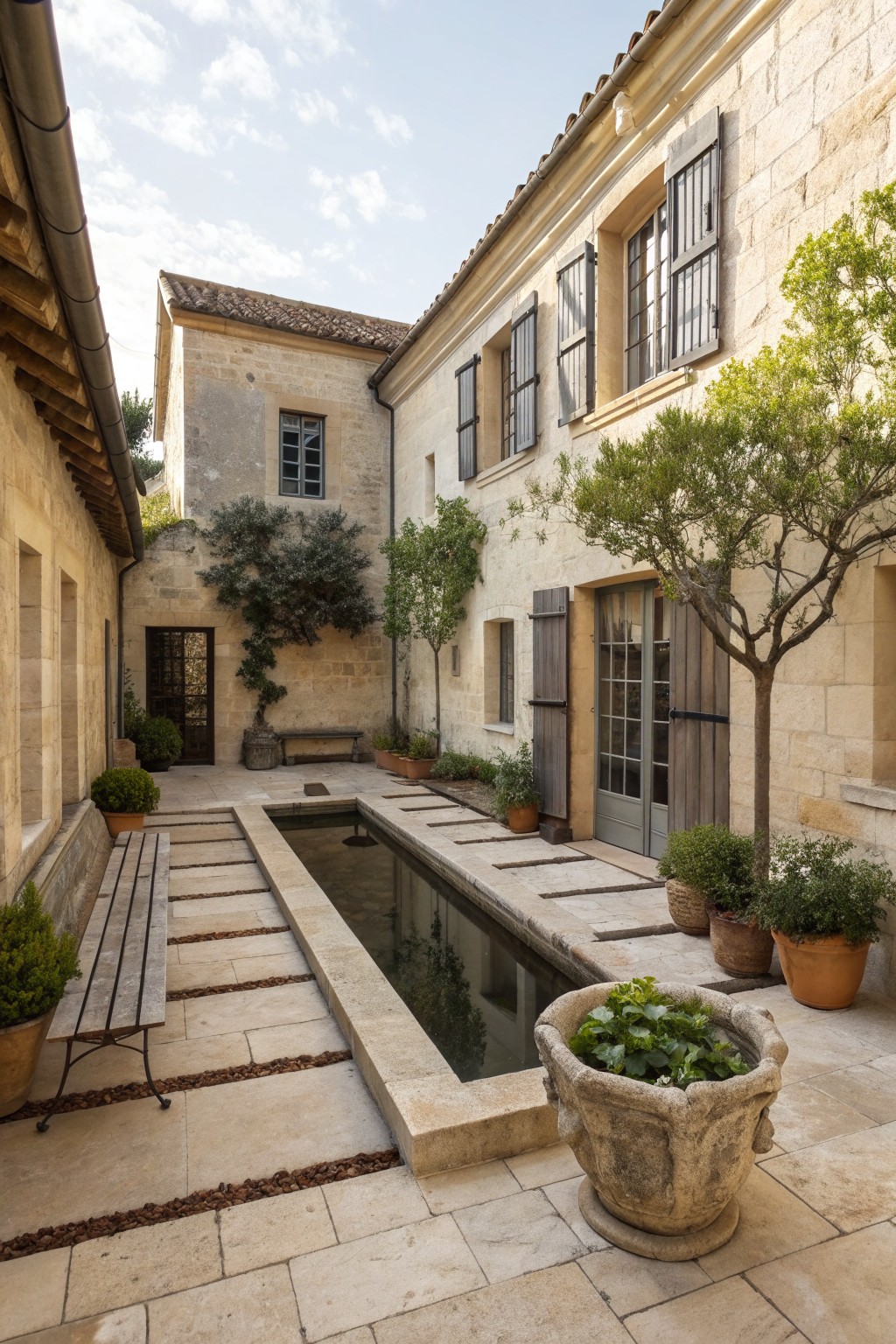 Stone courtyard with long reflecting pool, wooden bench, and potted trees