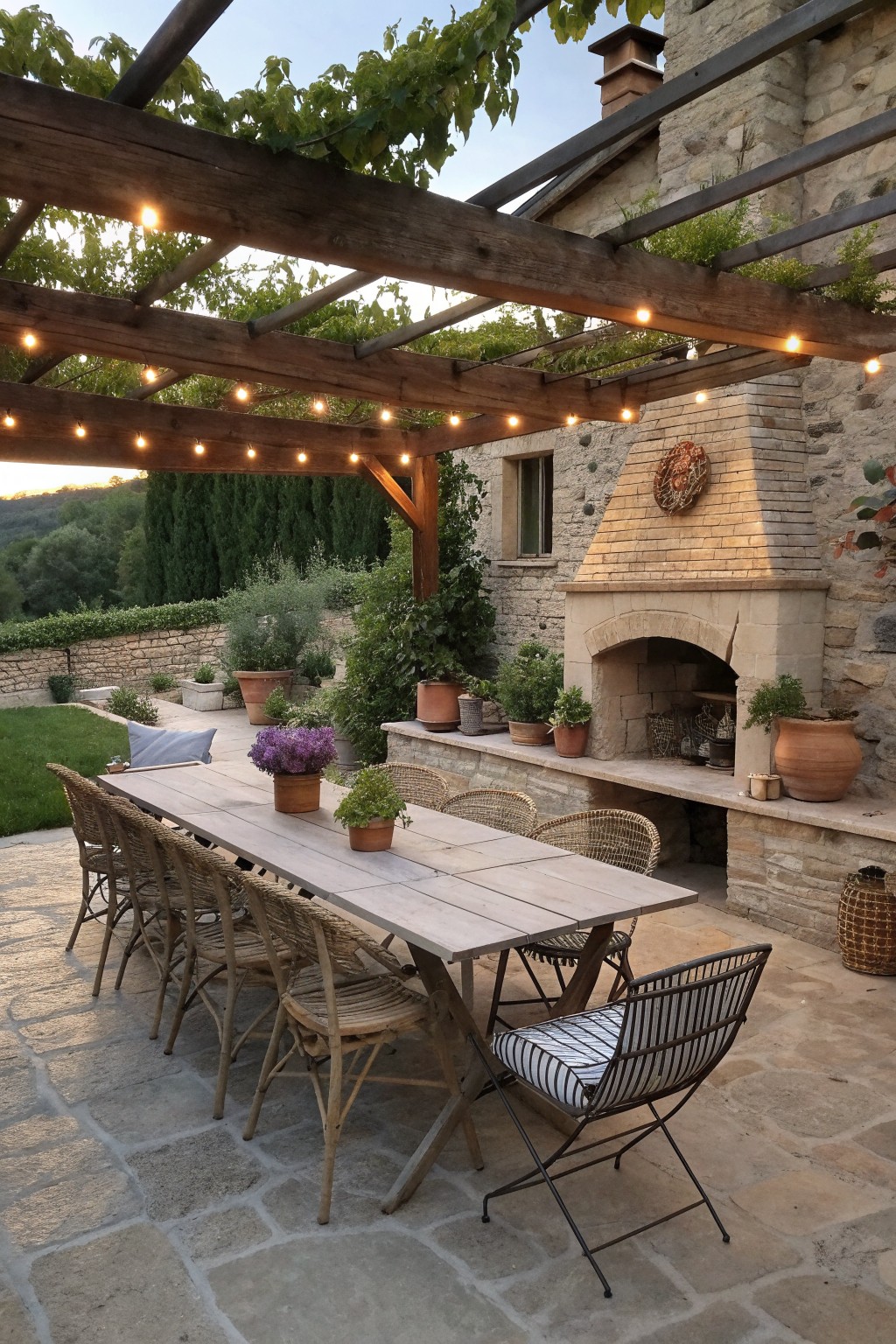Rustic wooden table with wicker chairs under string-lit pergola by stone fireplace