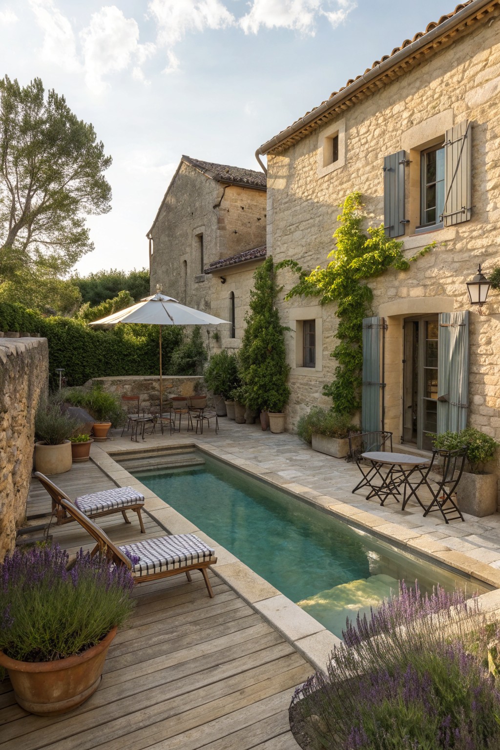 Stone villa with narrow pool, wooden deck lounge chairs, potted plants and vines