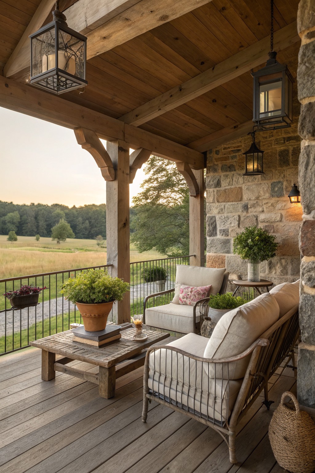 A wooden porch with two cushioned metal-frame chairs and a low coffee table, surrounded by potted plants, hanging lanterns, and a stone wall on one side.