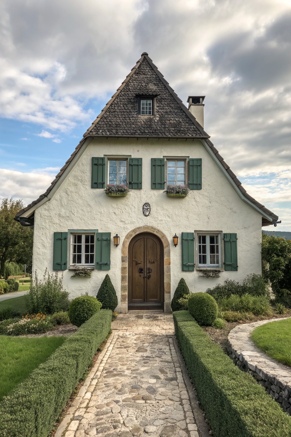 White cottage with green shutters, steep roof, and stone path through garden