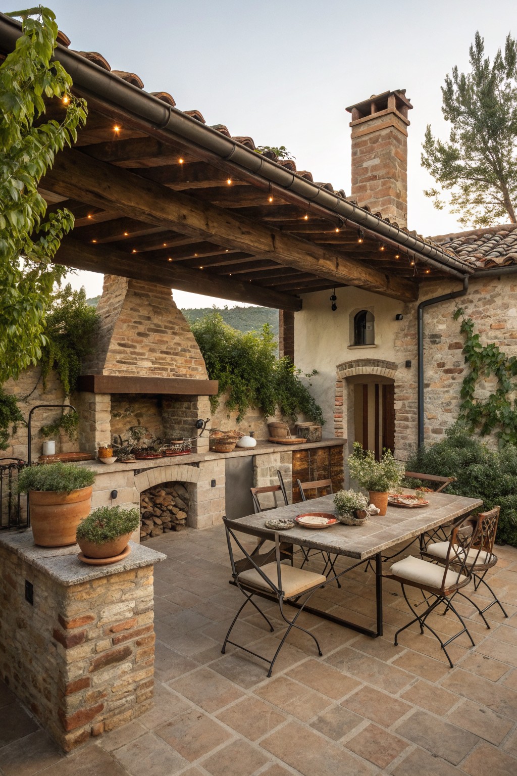 A rustic outdoor patio features a large stone fireplace, wooden ceiling beams with string lights, and a long dining table with chairs on terracotta tiles beside a stone house.