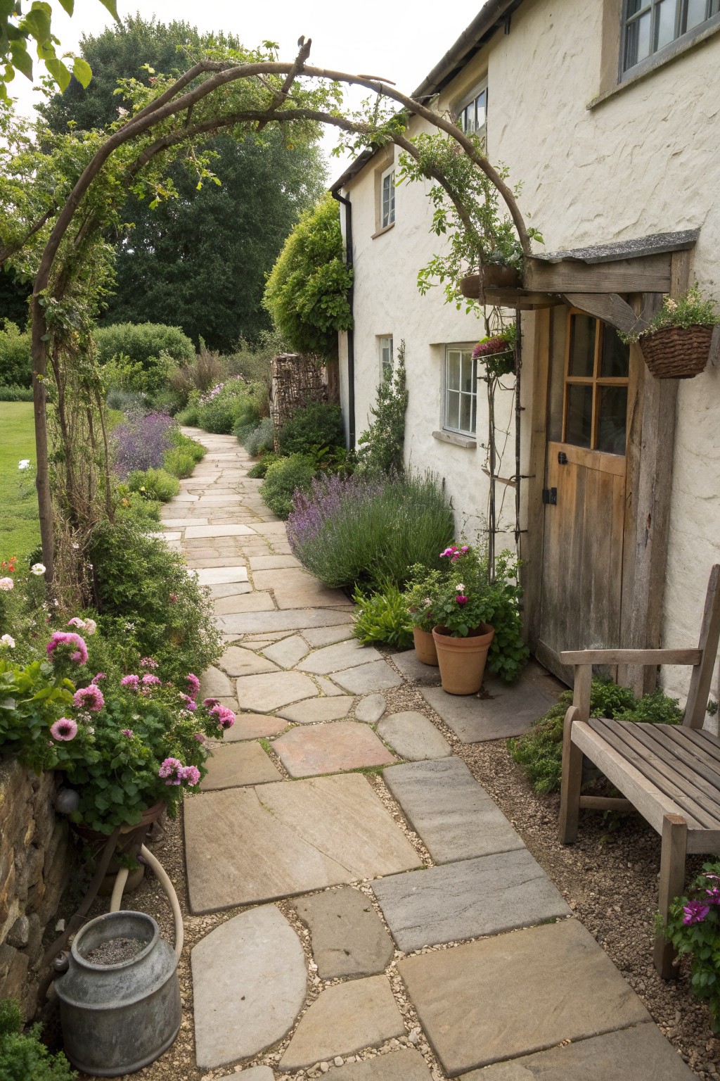 A winding path of irregular stone slabs leads through dense garden beds to the wooden door of a white stucco house.