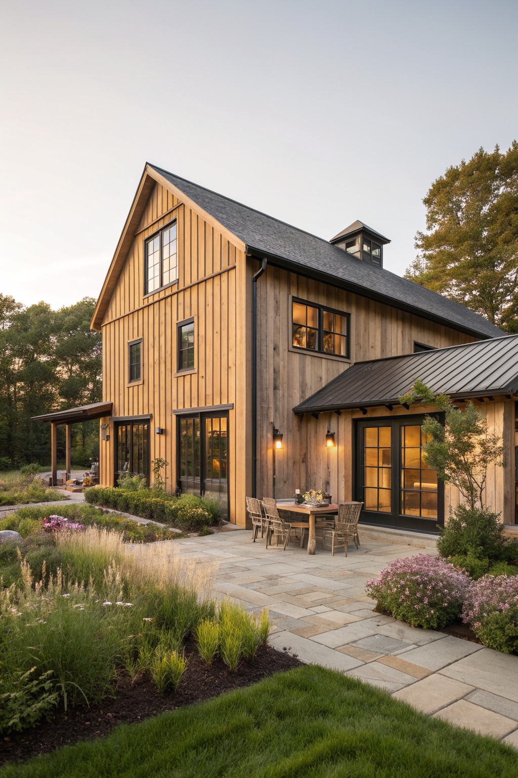 A two-story wooden farmhouse exterior with vertical light wood siding, black-framed windows, a metal roof section, stone patio with dining set, and garden beds with flowers.