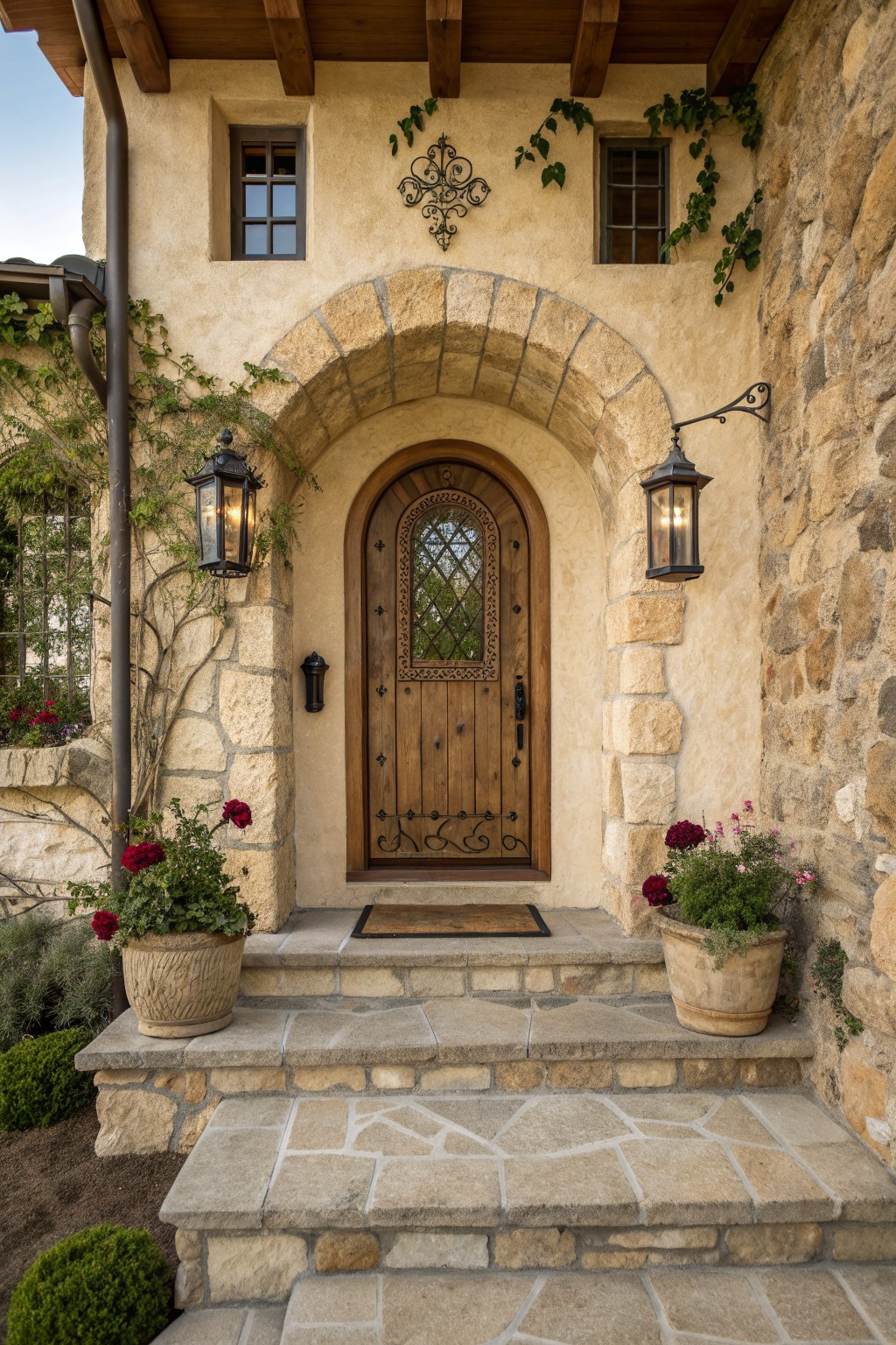 A stone and stucco house facade featuring a large arched stone entry with a wooden door, flanked by two black lanterns and small potted plants on the steps.