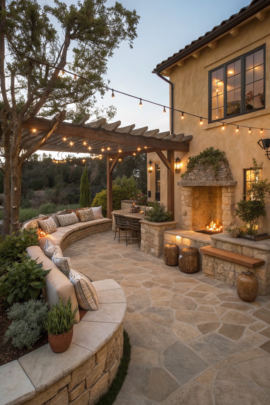 A stone patio at dusk with a curved built-in bench, a stone fireplace, a wooden pergola with string lights, and a stucco house exterior.