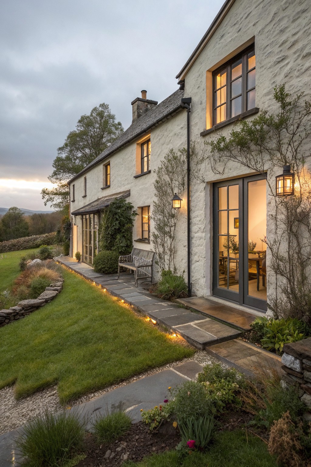 Stone cottage with lit windows, patio path, and garden at dusk