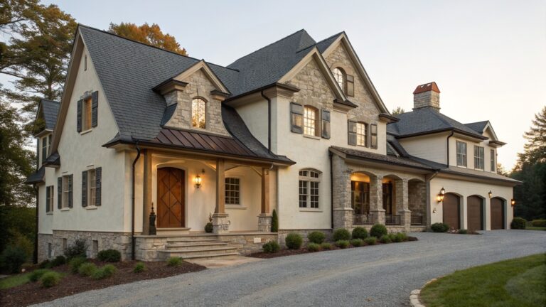A two-story farmhouse with stucco walls above a stone foundation, a wooden front door under a stone arch, black shutters on the windows, and a sloped roof at dusk.