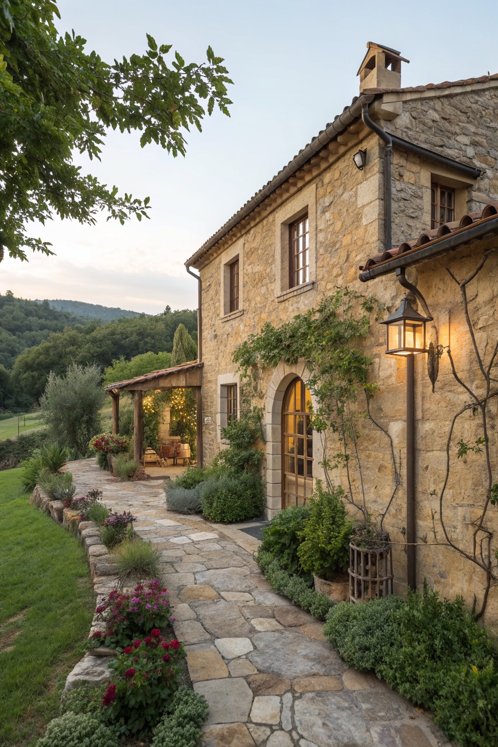 Rustic stone house with arched door, lit lantern, and flower-lined stone path.