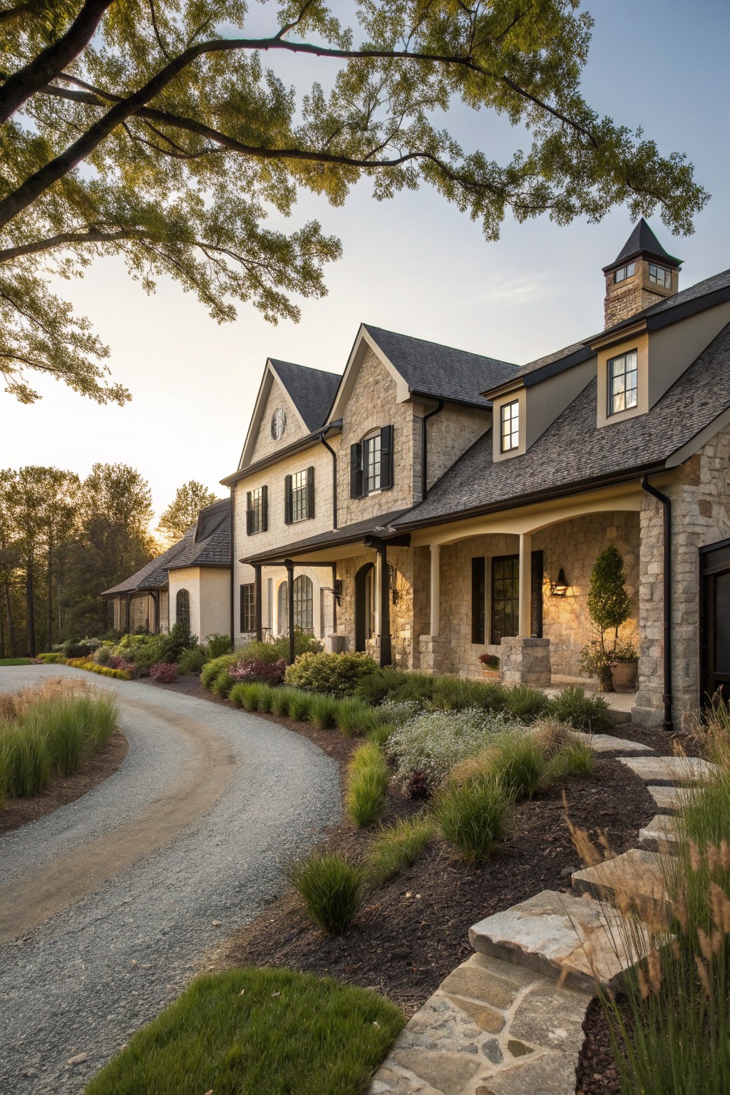 A large stone and stucco farmhouse exterior with dark roofs, black shutters, a curved gravel driveway, and stone steps leading to the entrance.