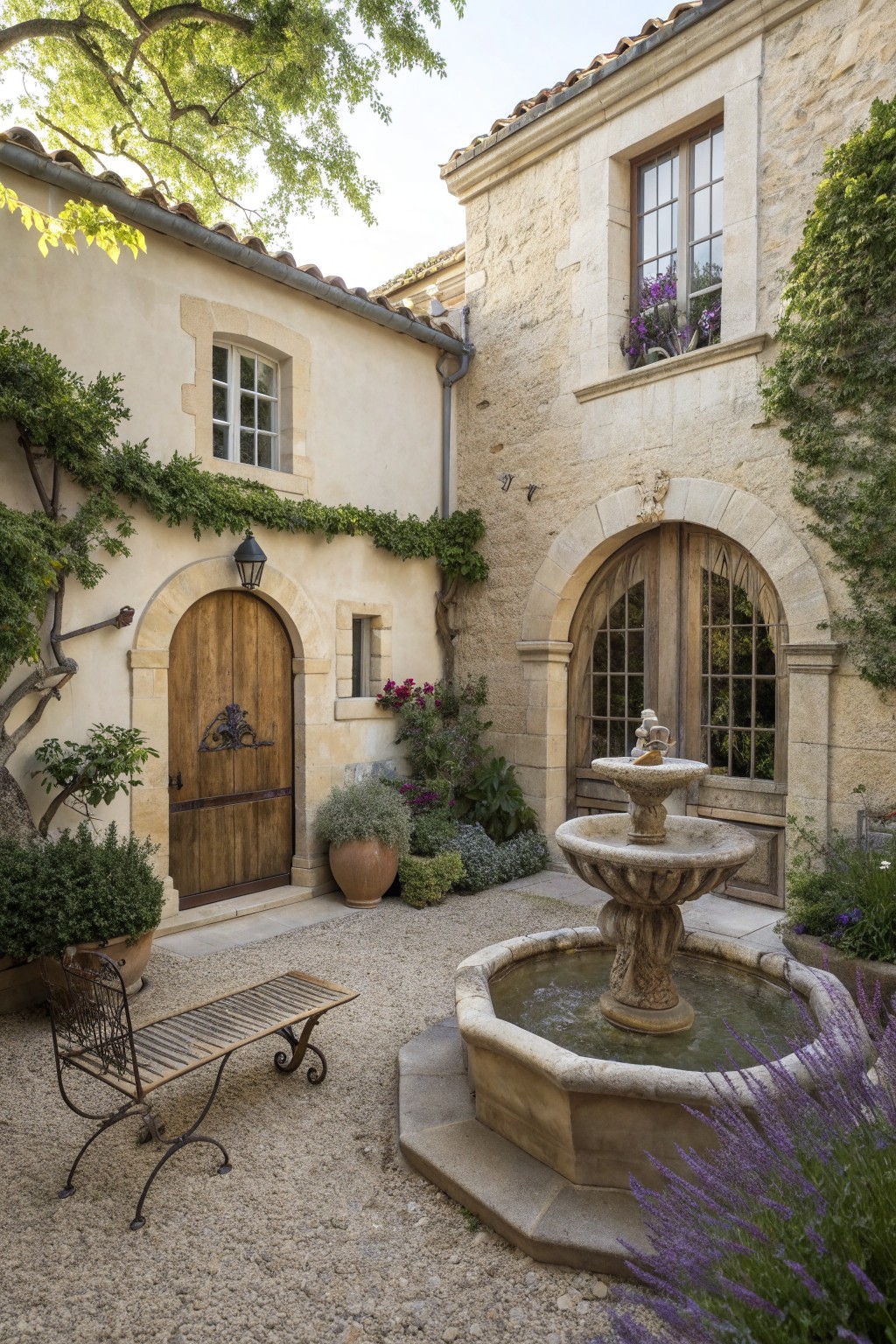A stucco and stone farmhouse courtyard featuring arched wooden doors, a central stone fountain, gravel ground, and climbing greenery on the walls.